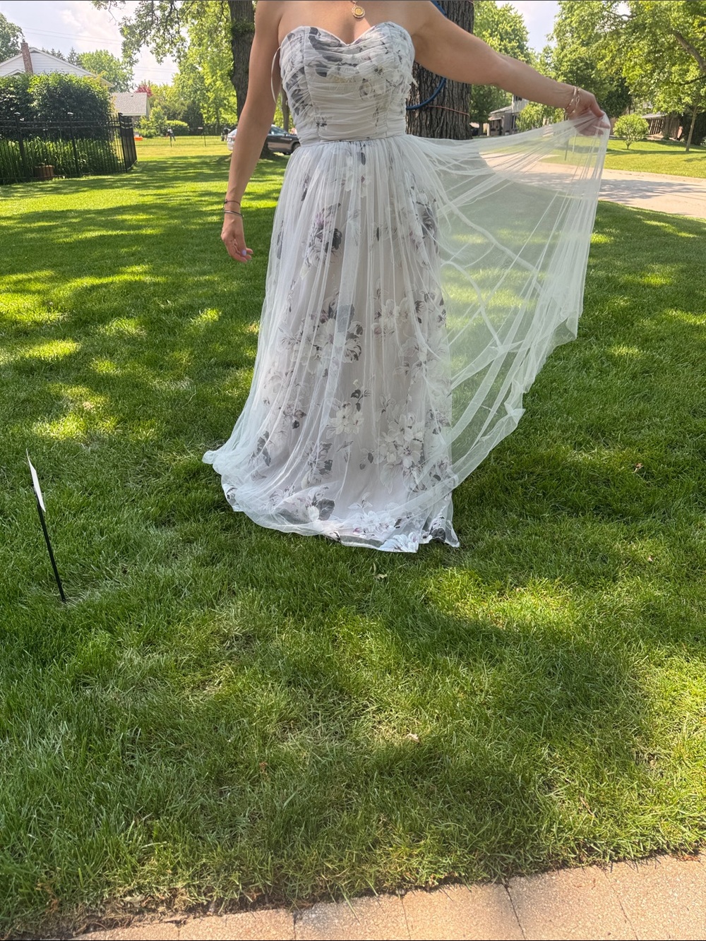 Strapless White Floral Tulle Wedding Dress